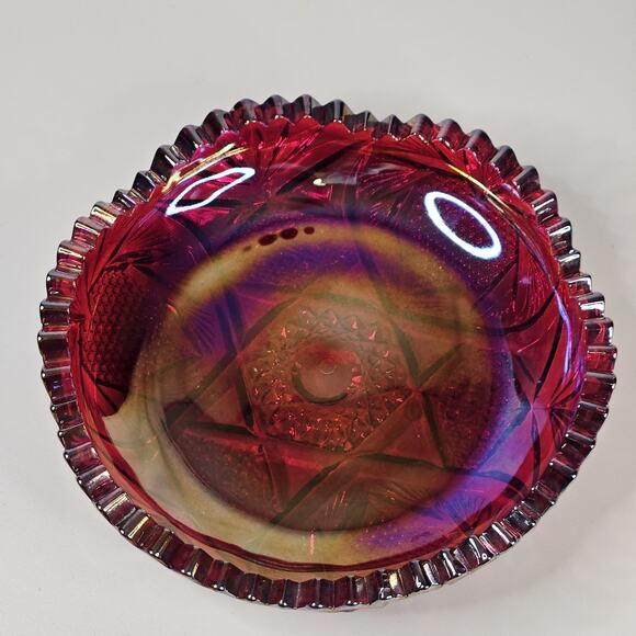 Red Iridescent Shallow Dish, Vintage Sawtooth Edge Glass, Carnival Candy Dish - Picture 2 of 8